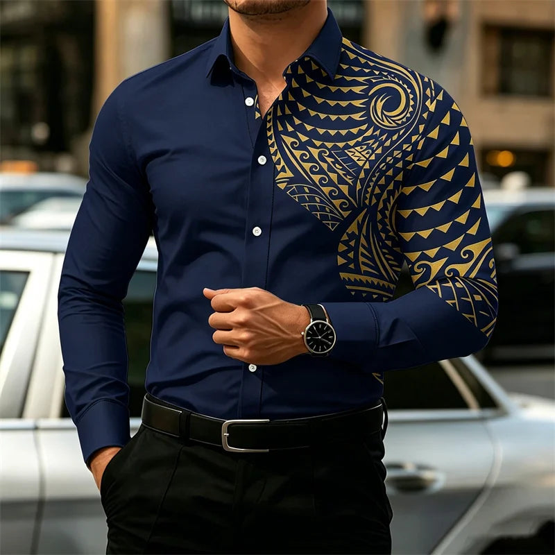 2026 New Men's Long-Sleeve Shirt, Fashionable Pattern Print, Slim Fit, European Size Business Casual Men's Top, Sizes XS-6XL